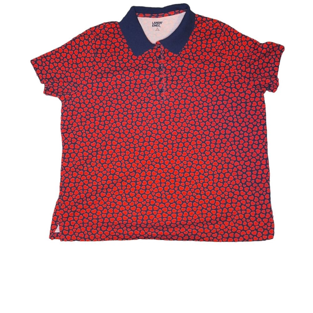 Womens Lands’ End short sleeve polo shirt blue Red Hearts Pima Cotton XL